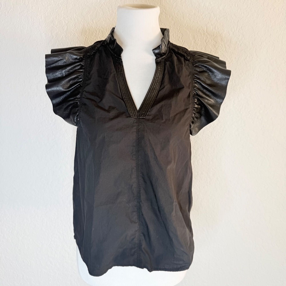 Melissa Nepton Reese Top Womens Small Black Faux Leather Ruffle V-Neck Blouse